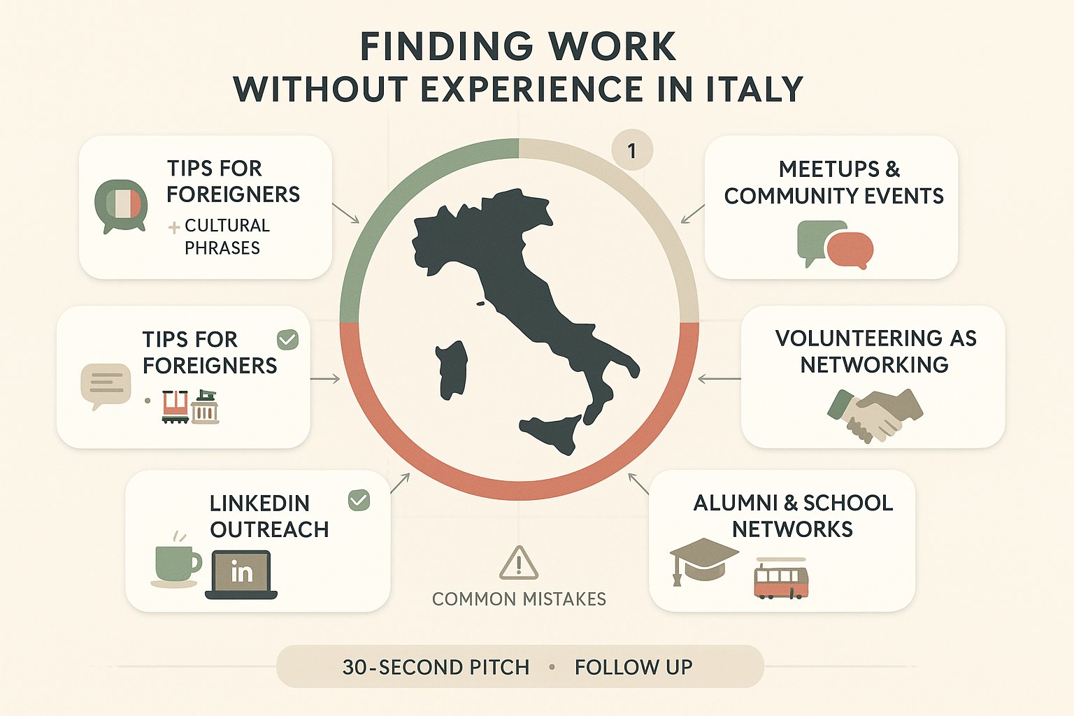 Infografica hub-and-spoke che mostra i passi di networking attorno a una mappa d'Italia.