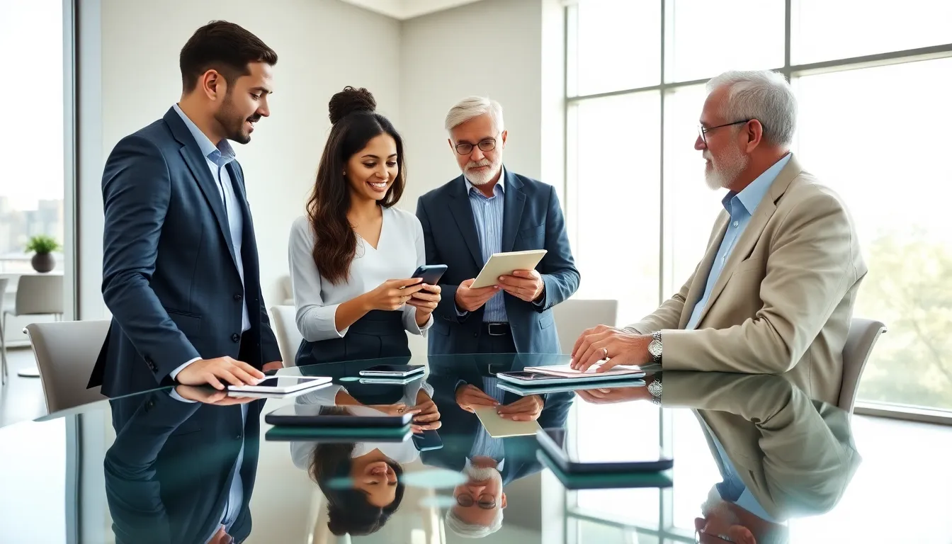 diverse team discussing TruConnect mobile services in a modern office.