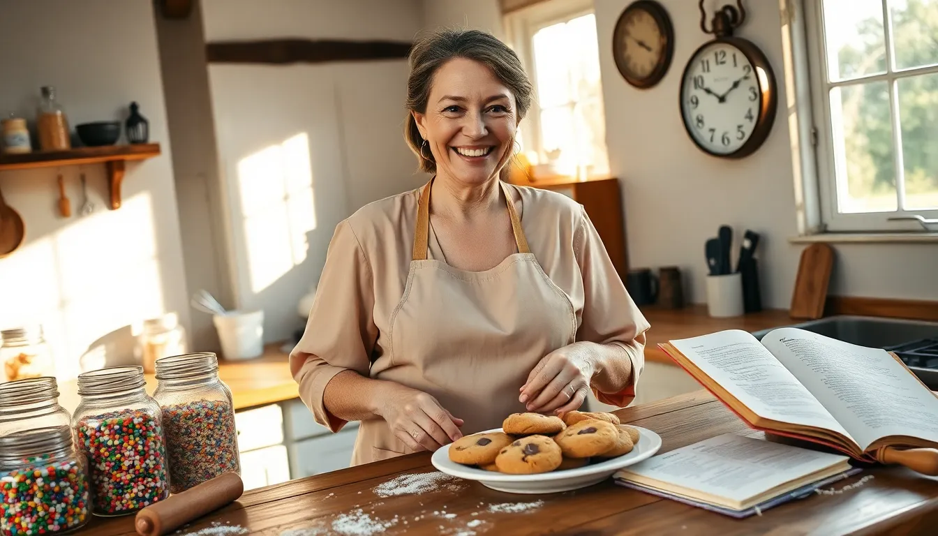 Mary baking cookies in her cozy kitchen, surrounded by family recipes.