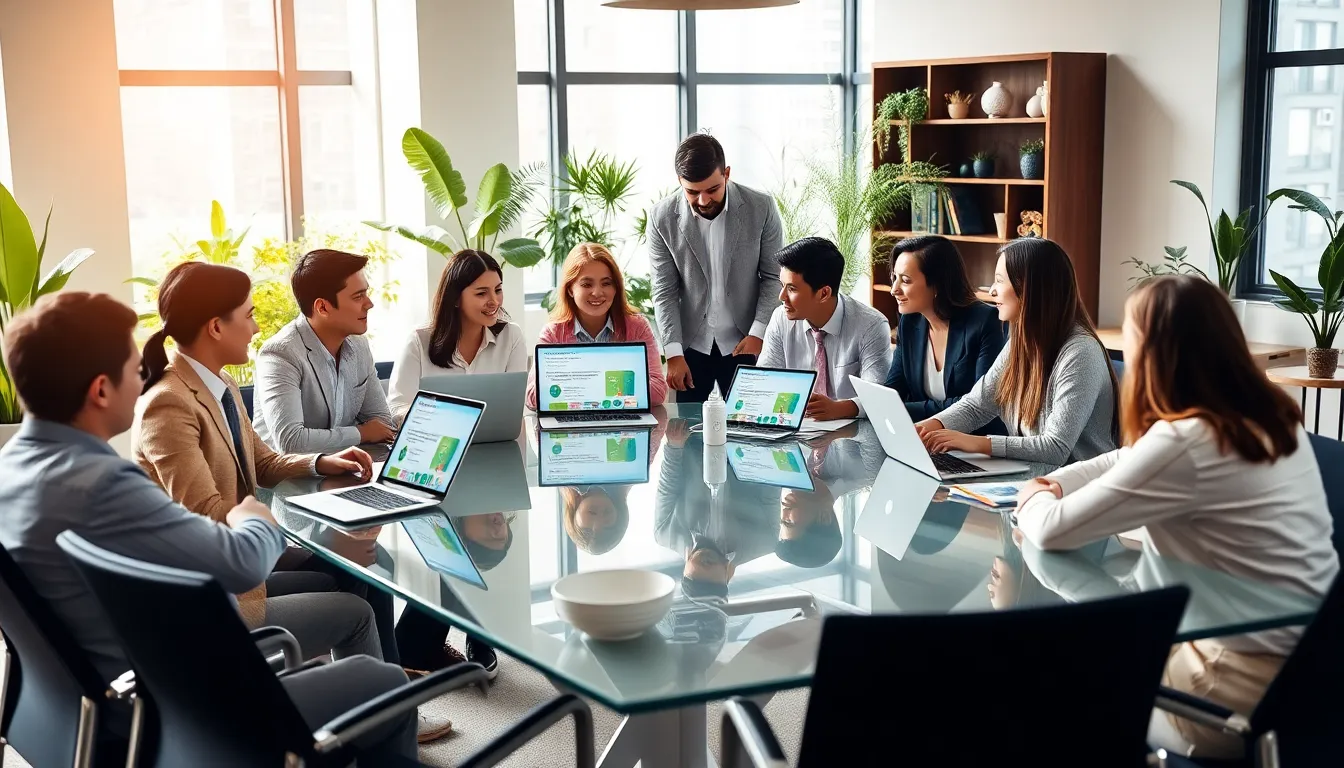 diverse team collaborating in a modern office setting with technology.