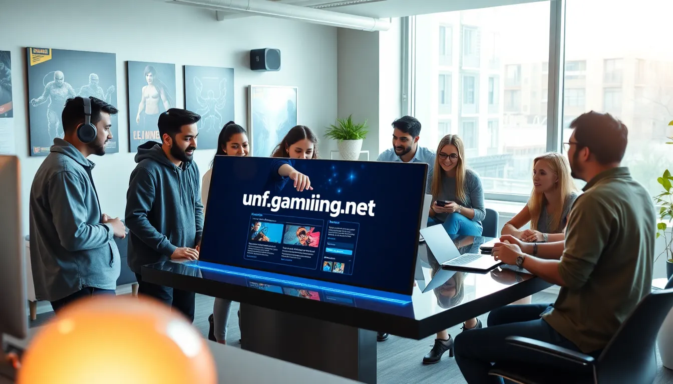 diverse gaming team collaborating in a modern office space.