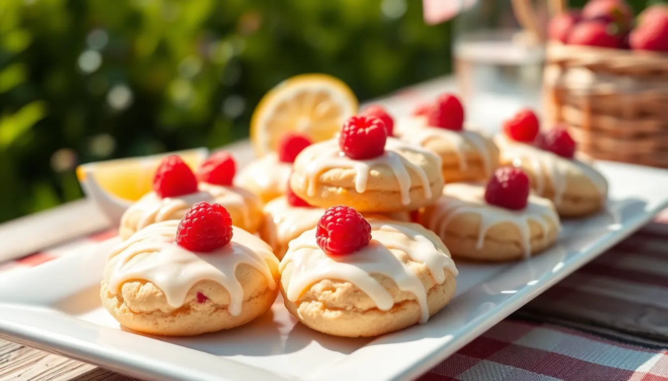 A platter of raspberry lemonade cookies in a bright outdoor setting.