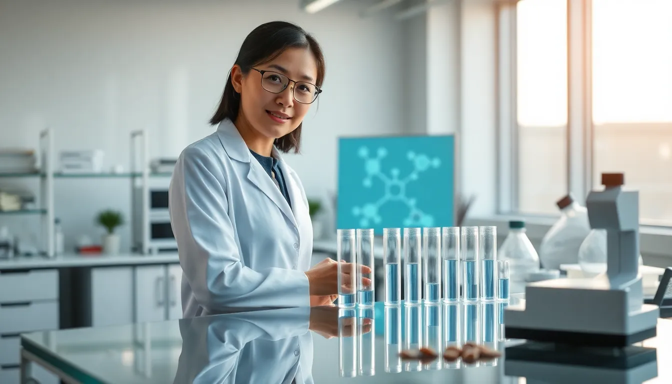 scientist analyzing glutaminotransferase in a modern lab setting.