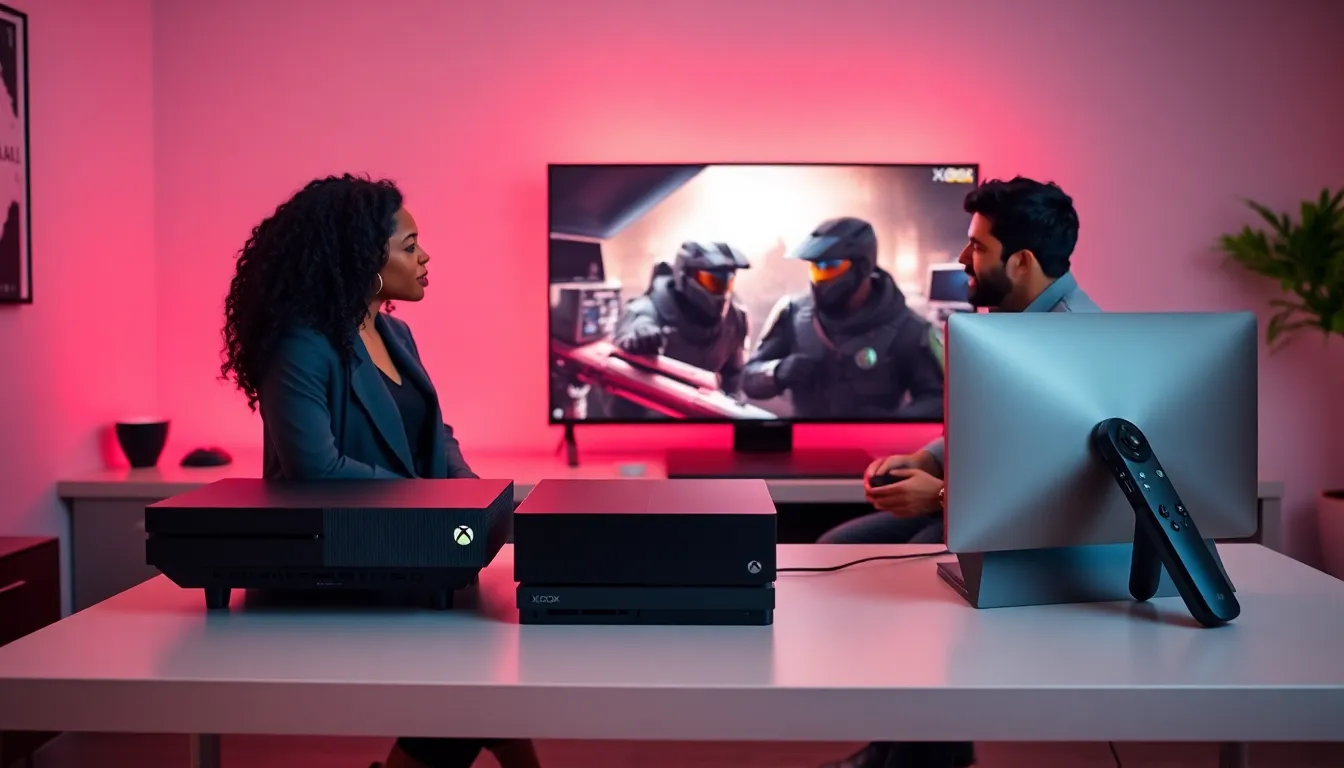 diverse group discussing Xbox gaming in a modern setup.