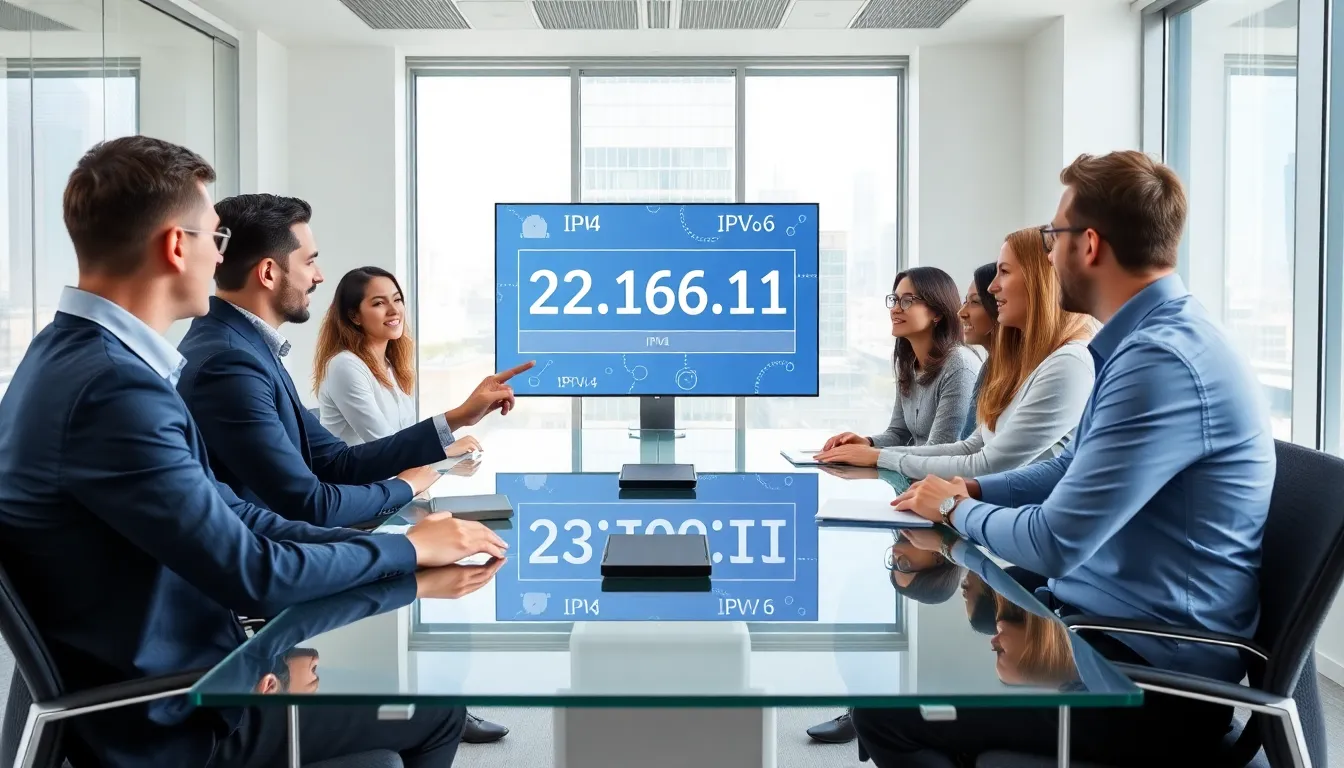 diverse team discussing IP addresses in a modern office.