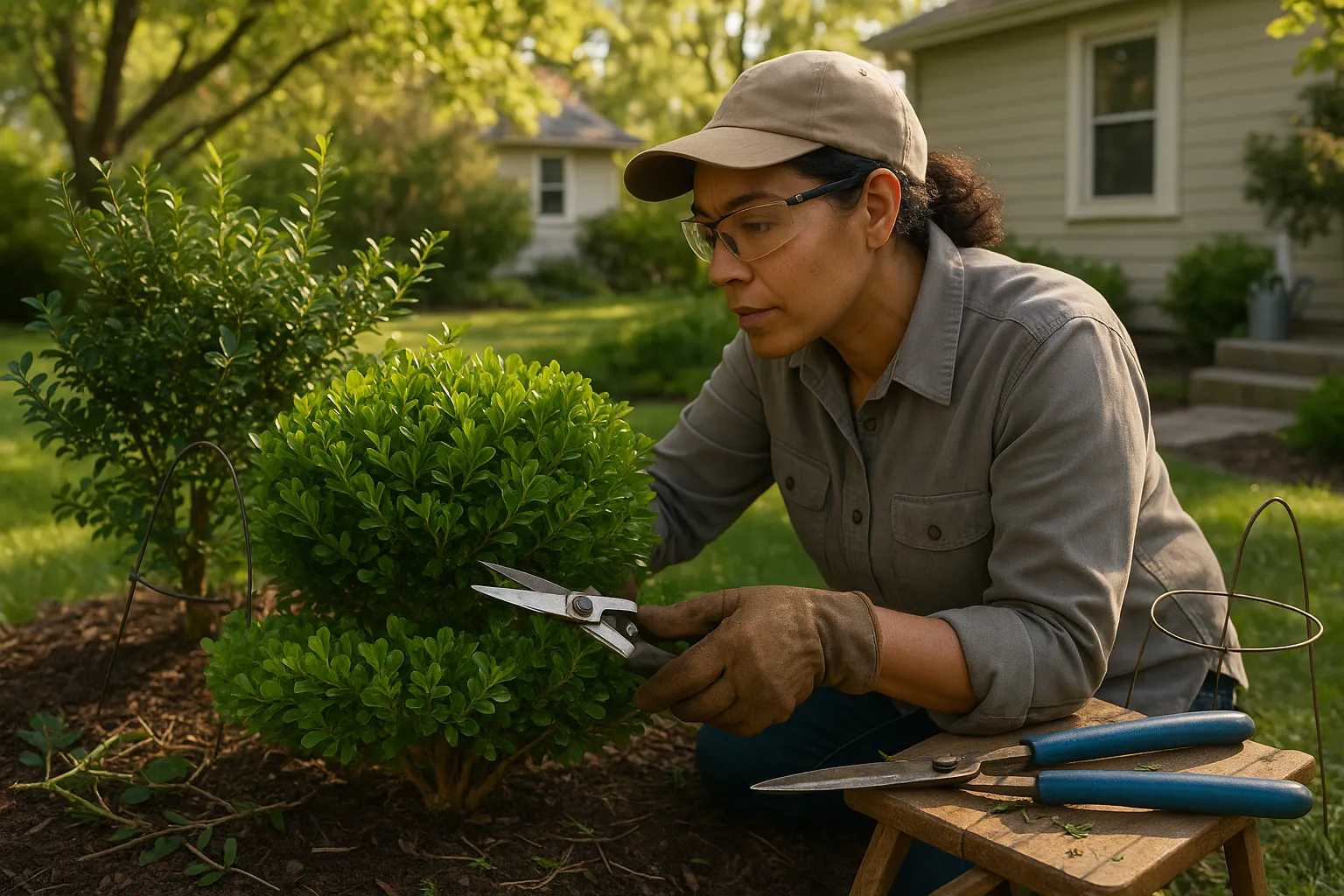Gardener pruning a boxwood hedge with Ilex crenata beside it in spring.