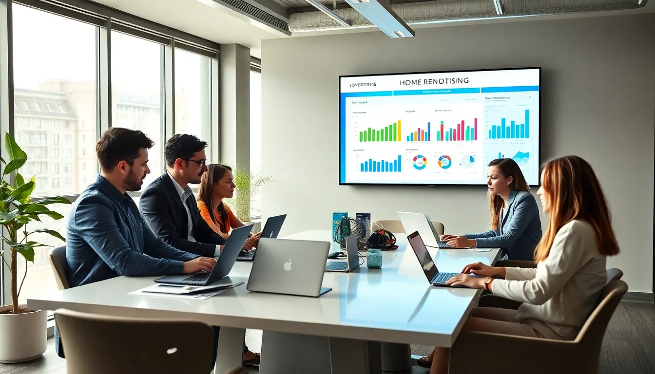 diverse team discussing home renovation advertising strategies in a modern office.