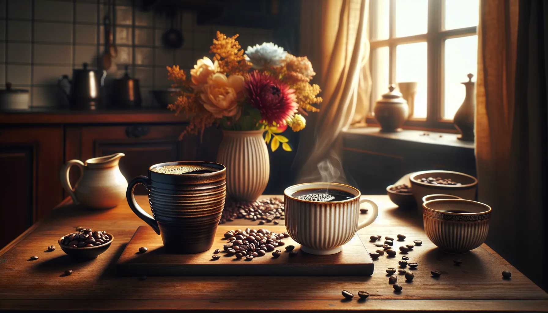 Two coffee cups side by side, one dark roast and one light roast.