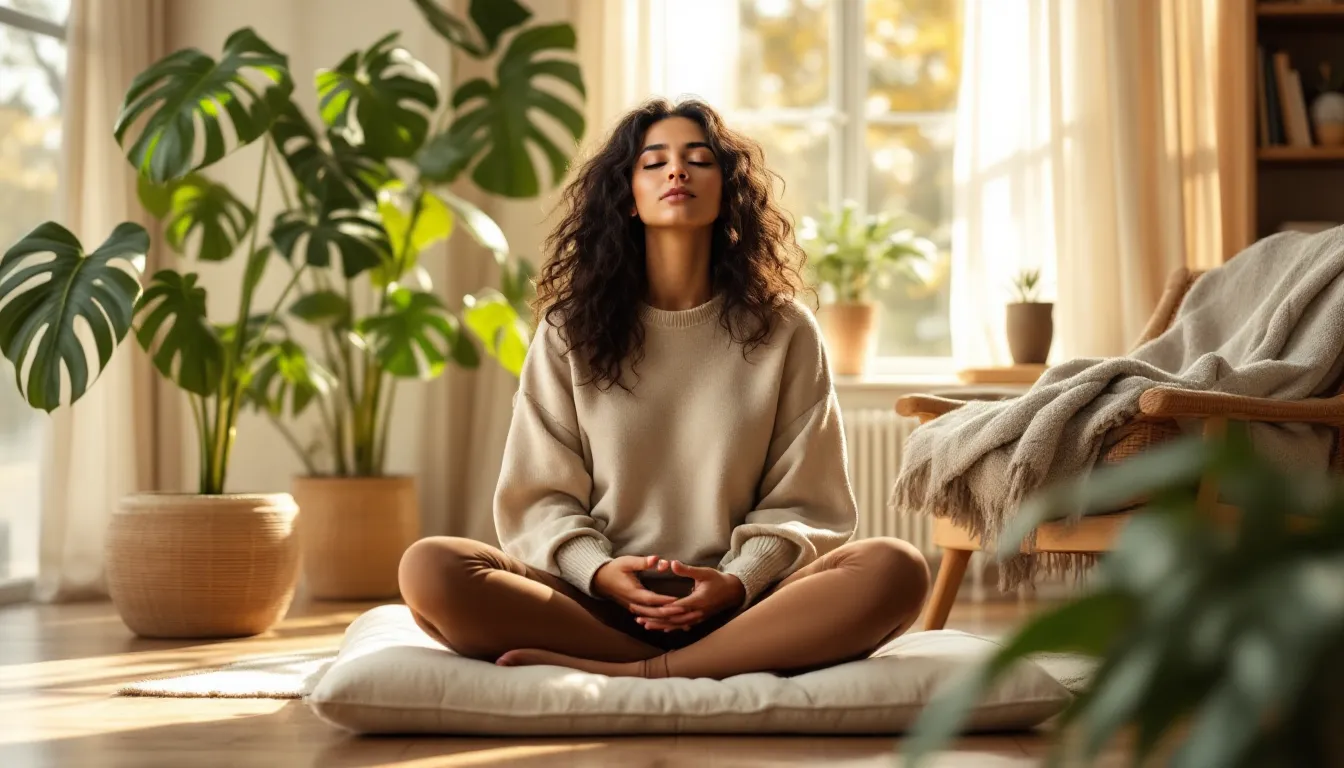 Woman sitting quietly with eyes closed in a sunlit room before a meal.