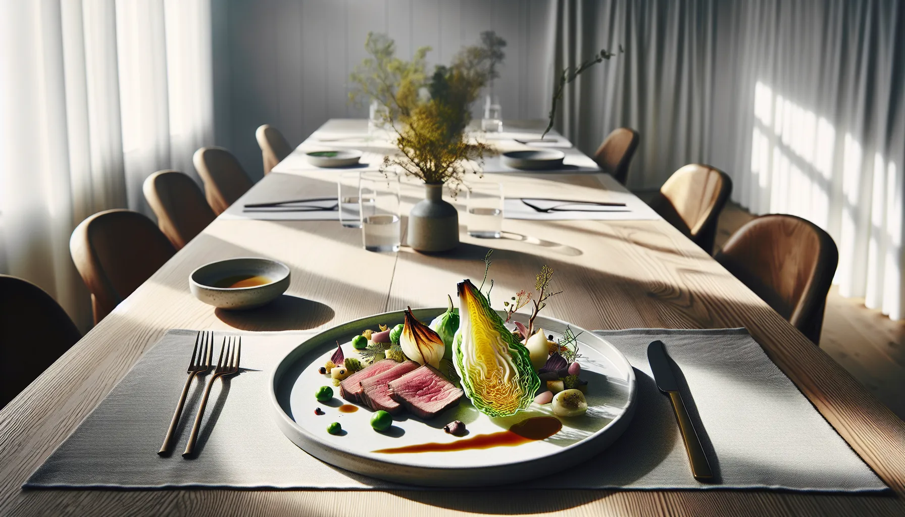 Hvordan lage tradisjonelle norske retter med en moderne vri 1 Modern plated norwegian lamb and cabbage dish with colorful, globally inspired garnishes.
