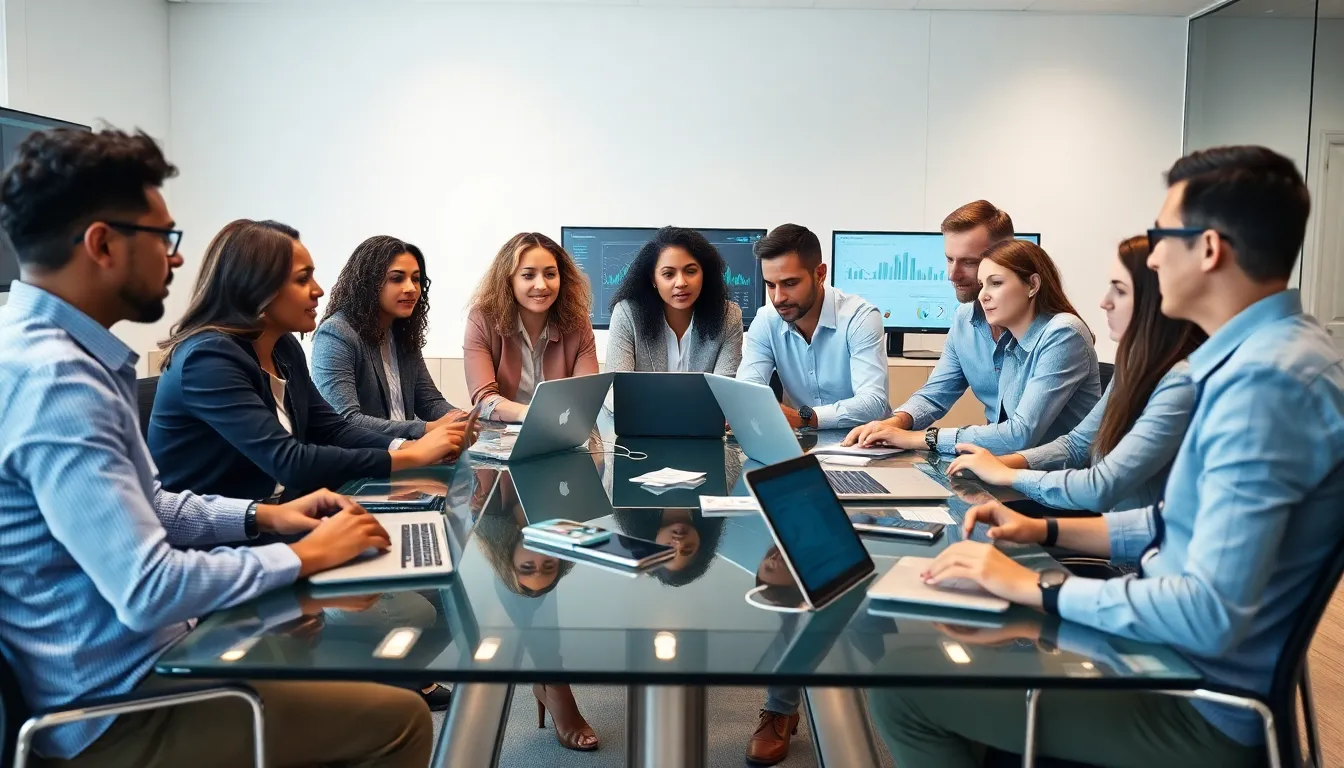 diverse team discussing Zenvekeypo4 software solutions in a modern office.