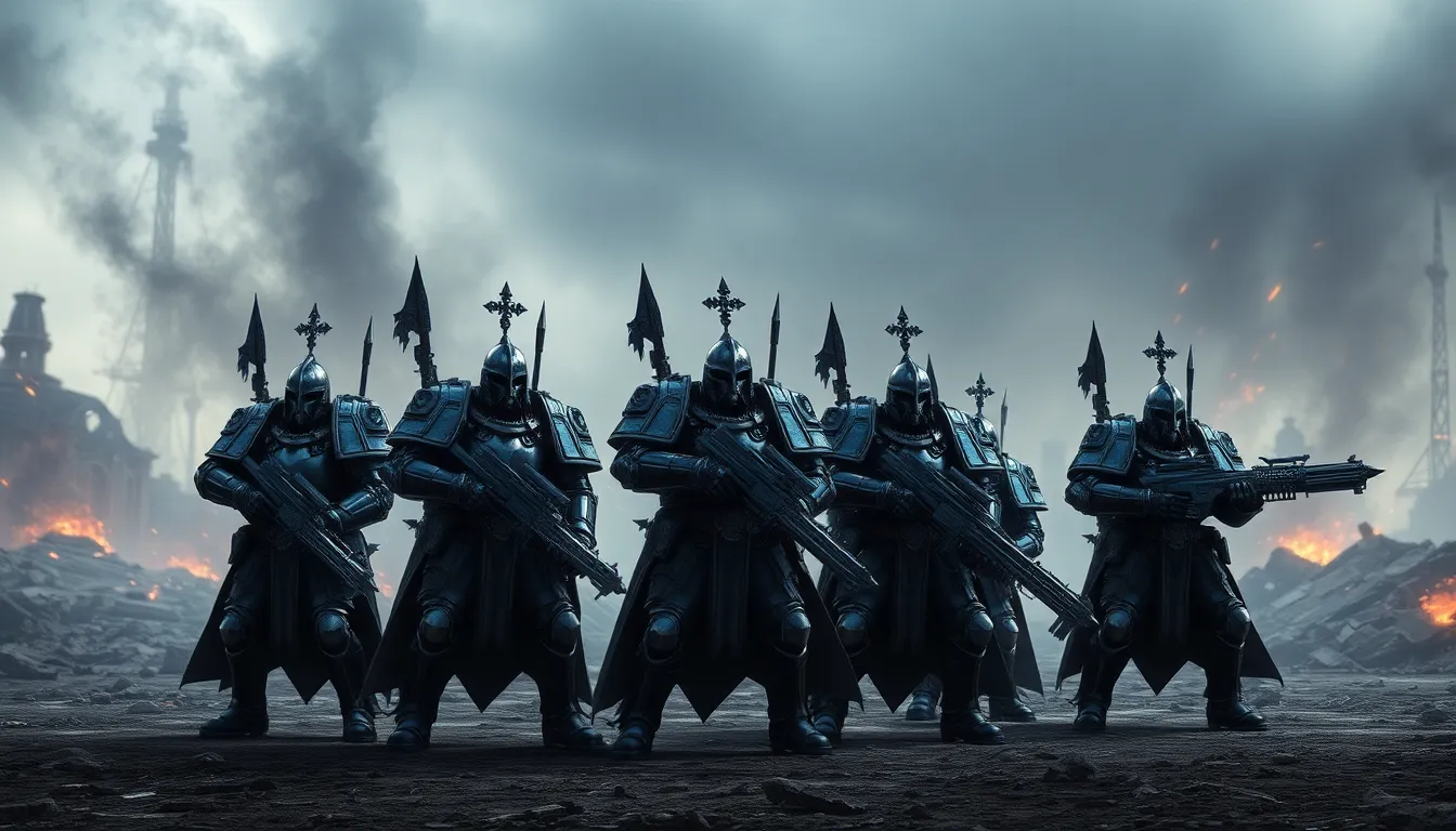 Grey Knights strategizing in a chaotic, futuristic battlefield.