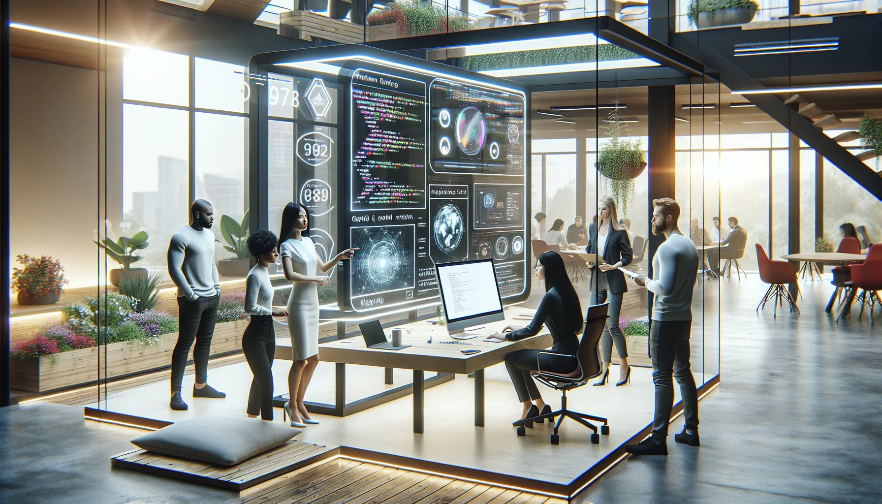 diverse team collaborating in a modern software development office.