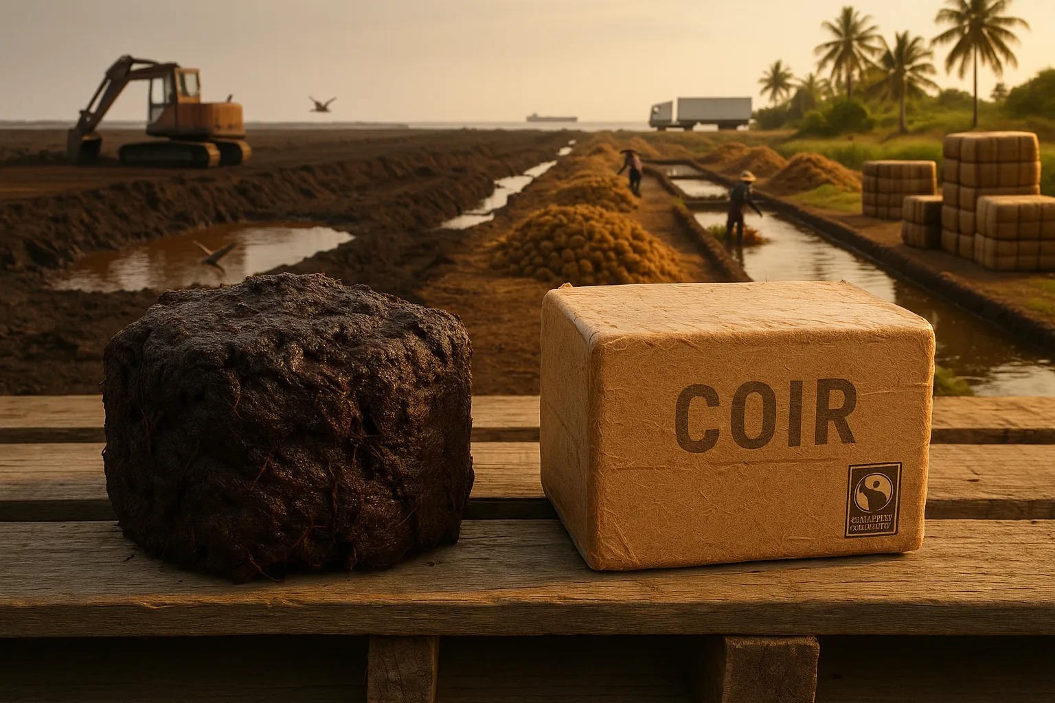 Two soil samples: dark peat clump beside a tan coir brick, split landscape background.