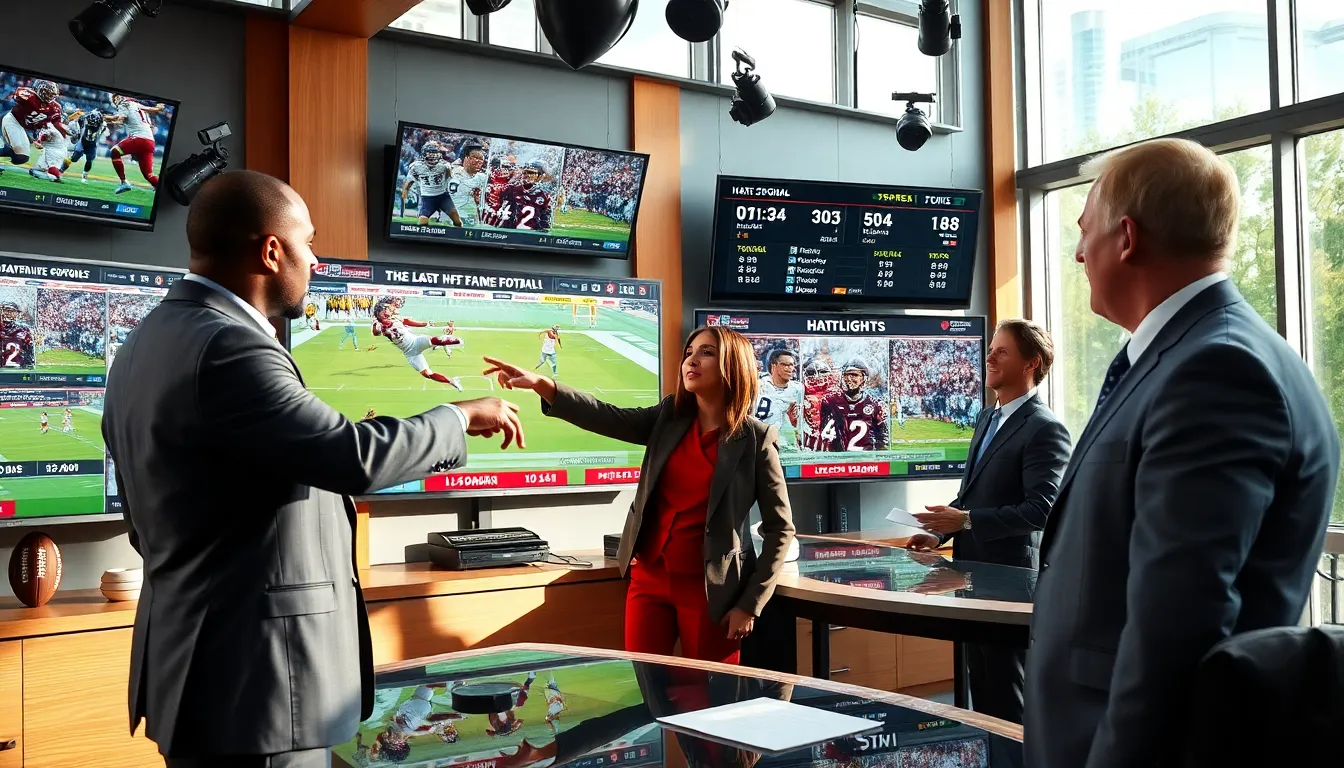sports analysts discussing football highlights in a modern newsroom.
