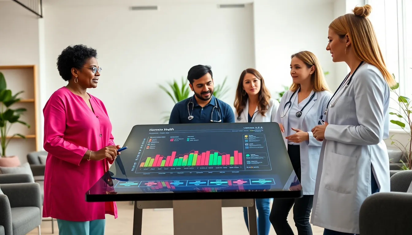 diverse healthcare professionals discussing hormone wellness in a modern clinic.