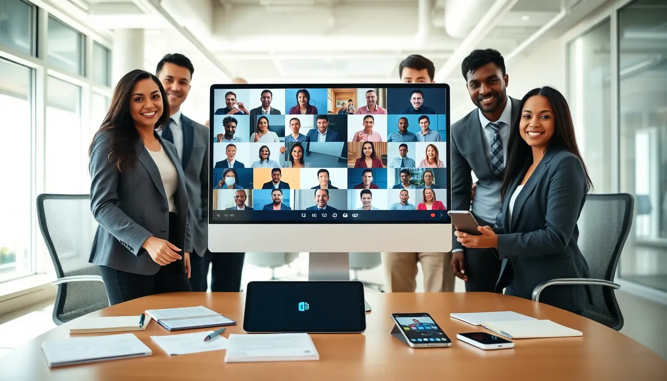 diverse team engaging in a Zoom call in a modern office.