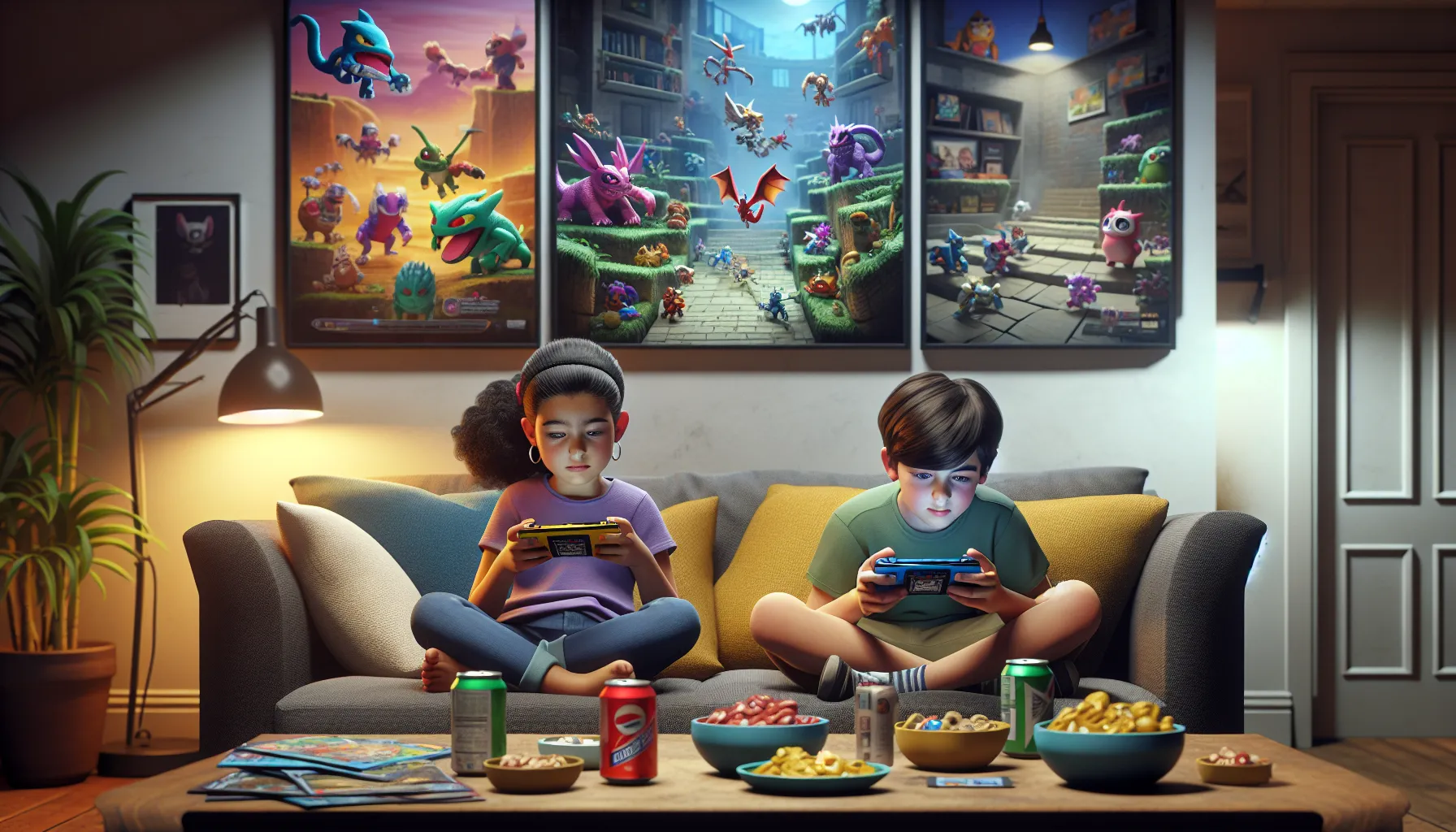 Two children playing Pokémon and Digimon games on handheld devices in a cozy living room.