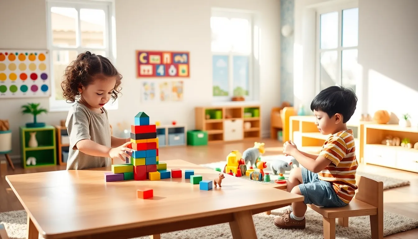 children engaging in playful learning activities in a bright preschool classroom.