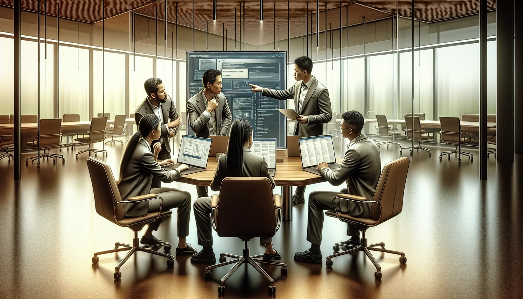 team collaborating on a software update in a modern office.