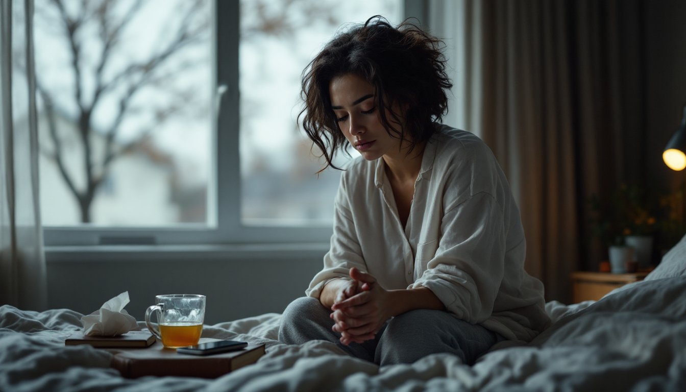 A tired woman sitting on her bed in soft morning light, lost in thought.