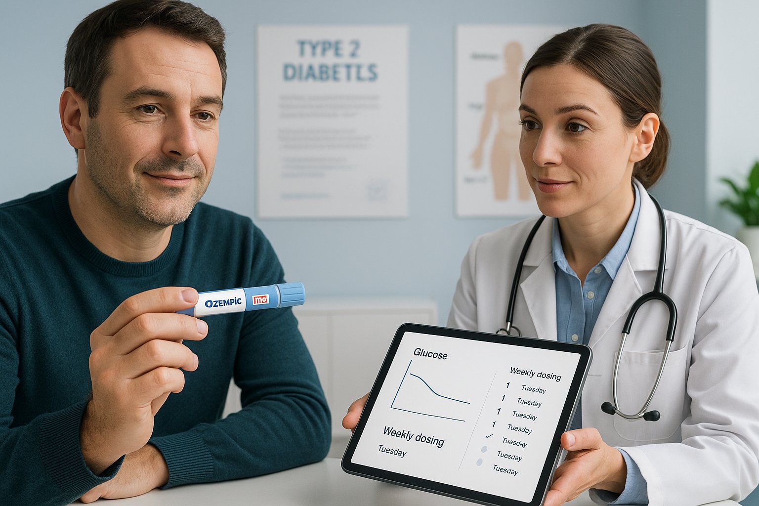 Doctor explaining weekly injection pen treatment to a patient in France.