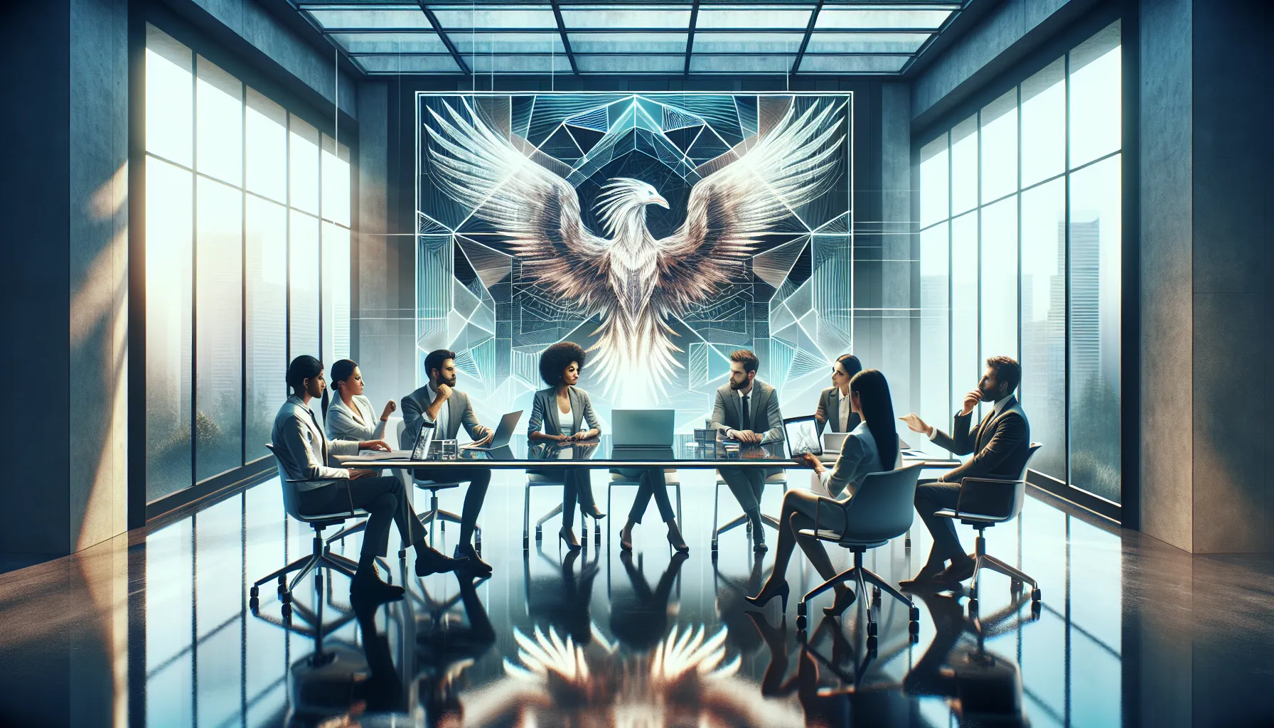 diverse team collaborating in a modern office around a digital display.