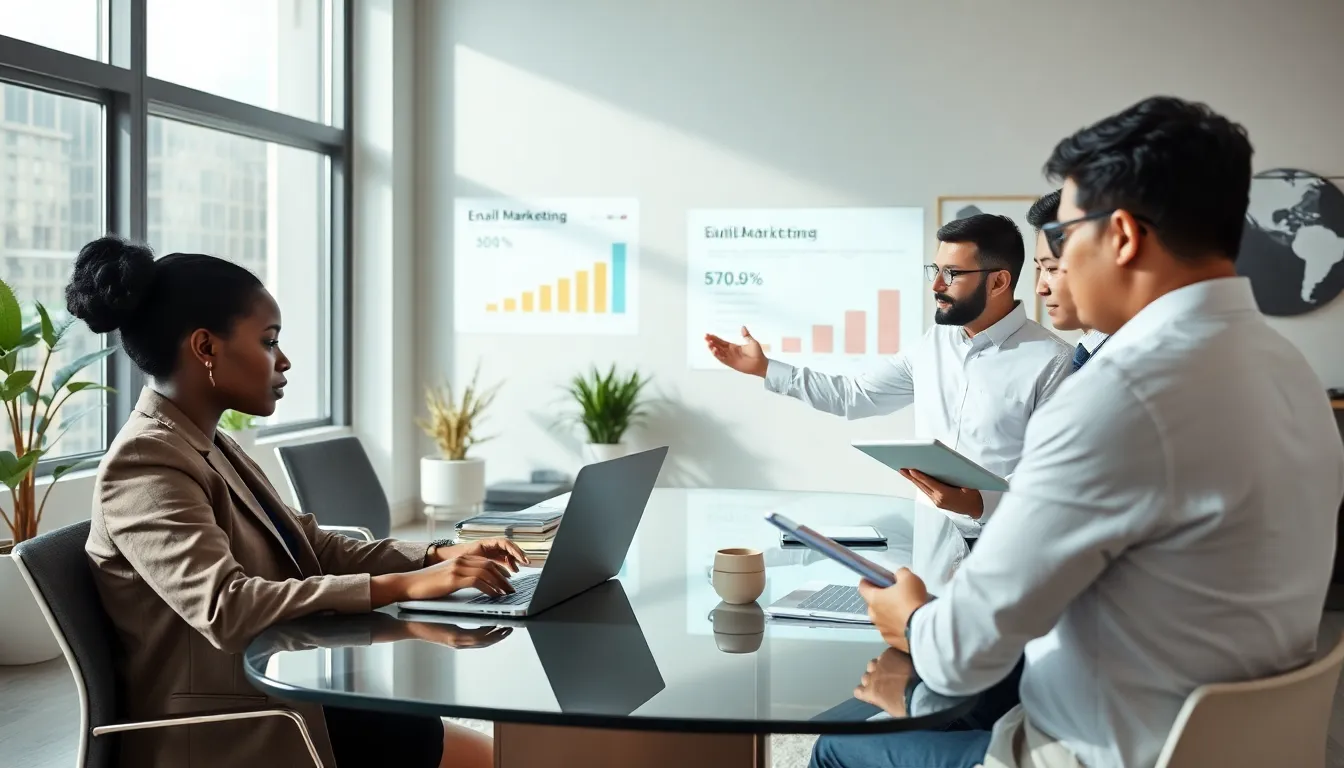 diverse team discussing email communication in a modern office.