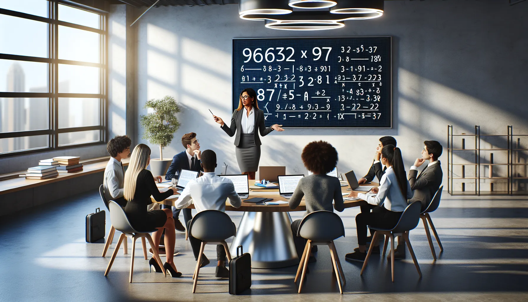 Students learning multiplication in a modern classroom.