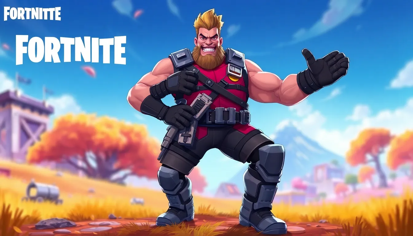Brutus skin from Fortnite in a vibrant landscape.