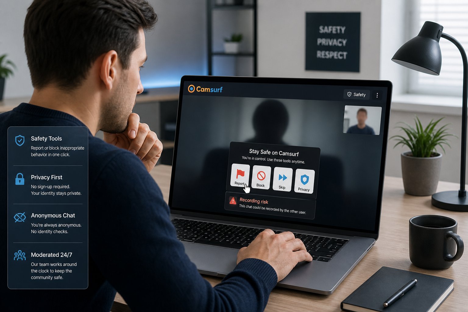 Person using video chat app with visible report, block, and privacy controls.