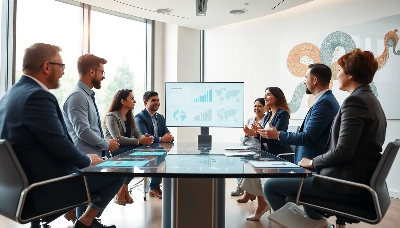 diverse professionals discussing innovation in a modern conference room.