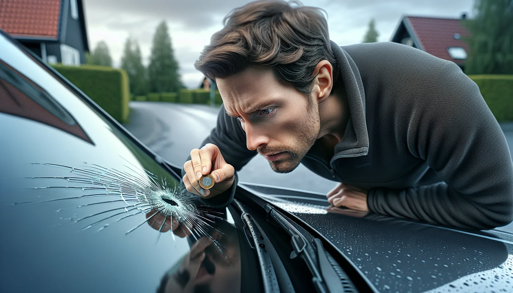 Norwegian driver measuring a small stone chip on a windshield with a 1-krone coin.