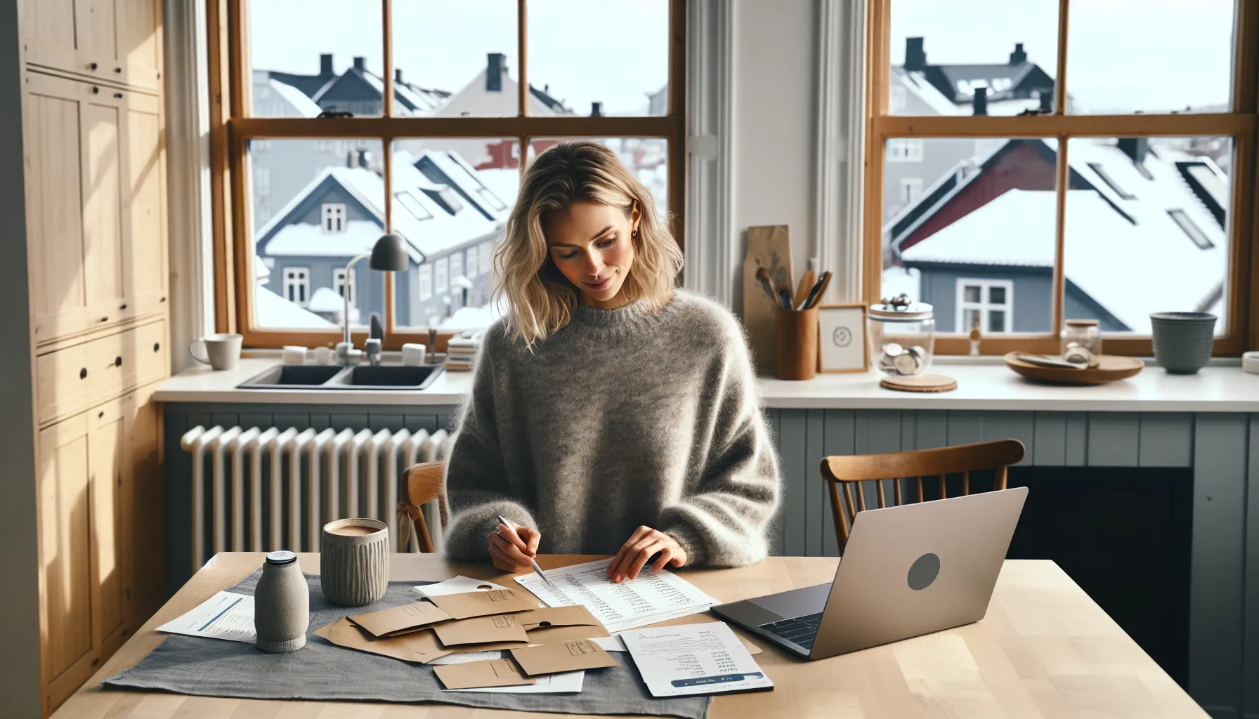 Norwegian woman calmly budgeting at a kitchen table in soft winter light.