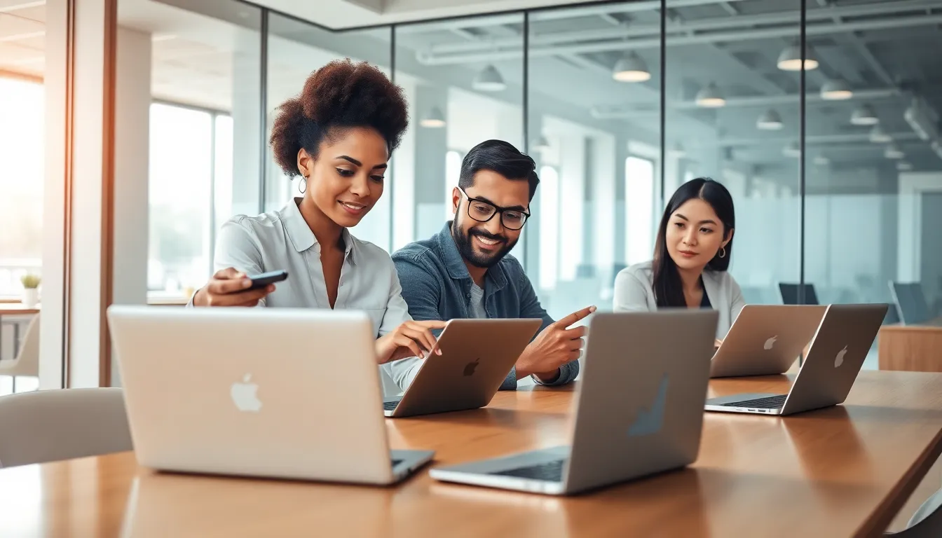diverse team discussing software solutions in a modern office.