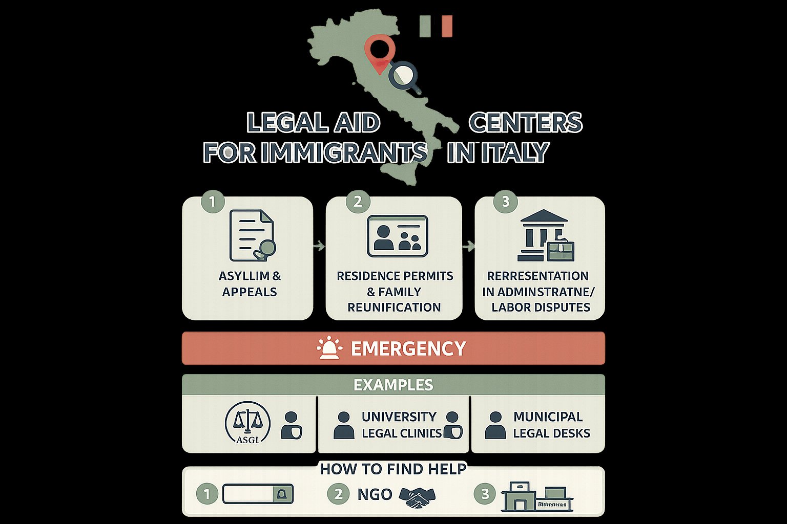 Infografica che mostra i passaggi dell'assistenza legale e le risorse per gli immigrati in Italia.