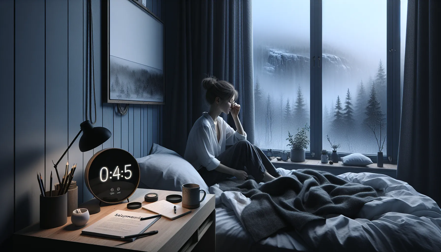 Søvnens superkraft: hvordan god søvnhygiene kan forebygge depresjon 2 Norwegian woman awake before dawn, tired, beside sleep mask and routine notes.