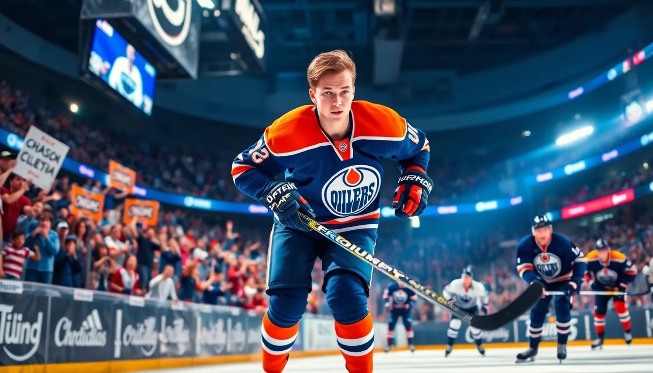 Connor McDavid showcasing his hockey skills in an arena filled with fans.