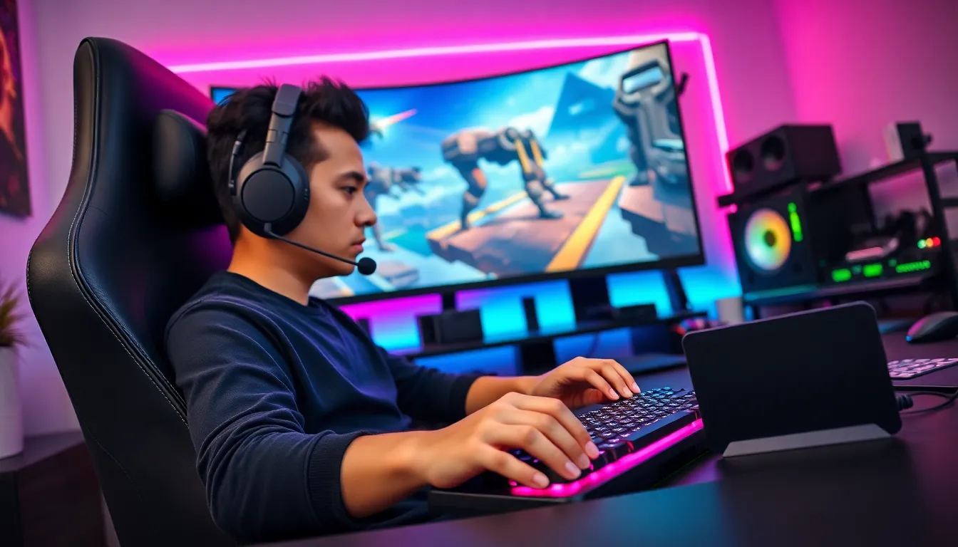 a gamer using essential gadgets in a modern gaming setup.