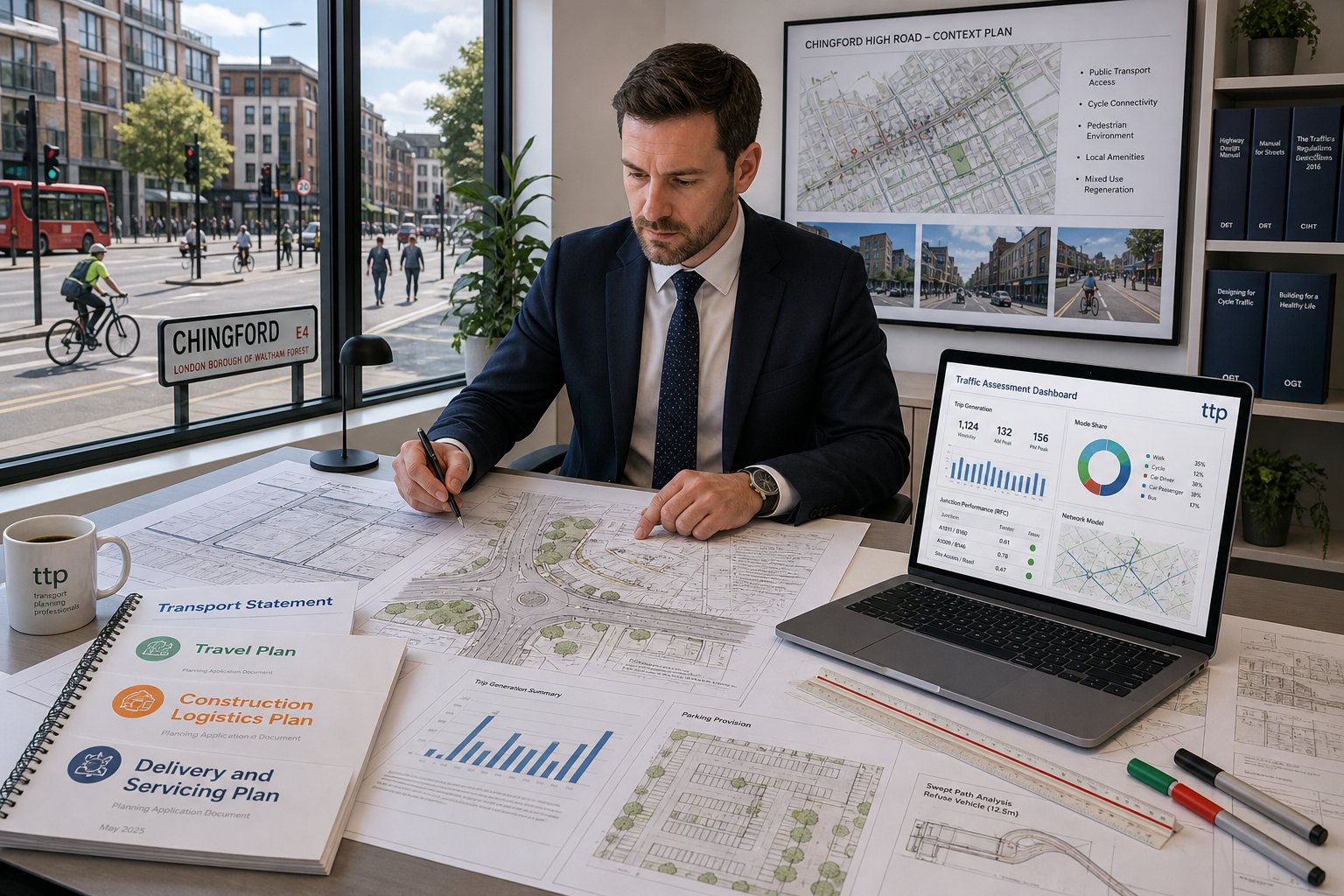 Traffic engineer reviewing planning and transport reports in a modern office.