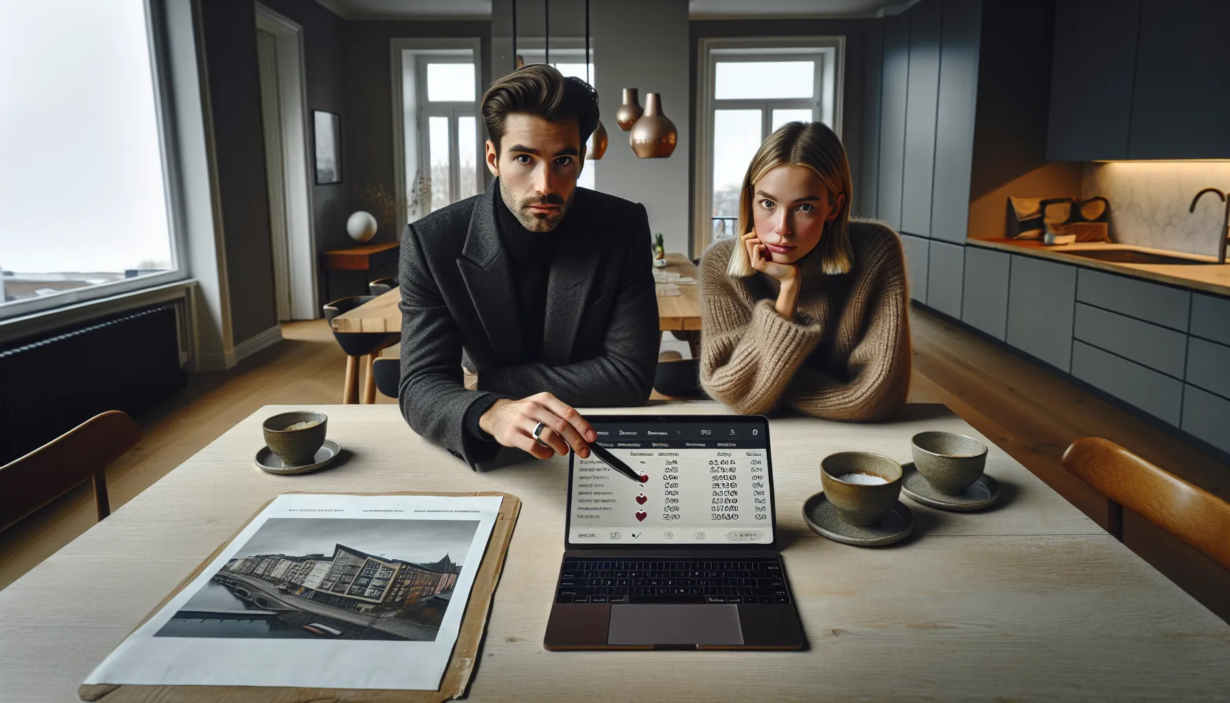 Norwegian couple reviews overpriced home listing analytics with agent in winter-lit apartment.