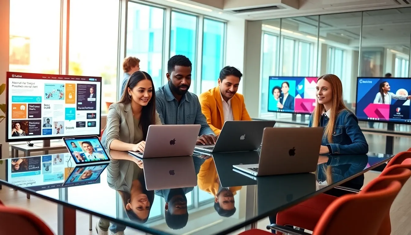 diverse professionals collaborating in a modern digital publishing workspace.