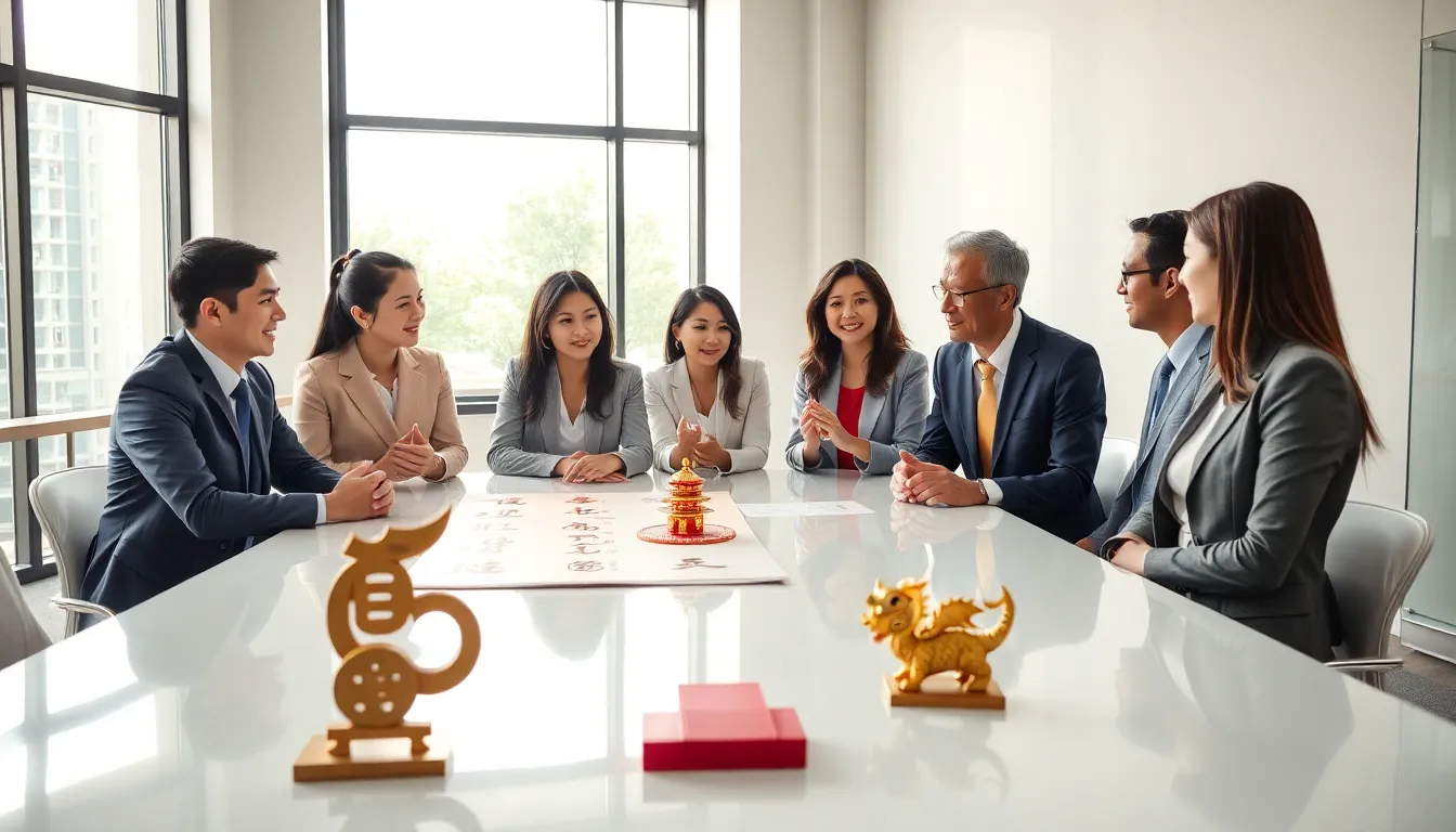 diverse business professionals discussing Chinese cultural beliefs in a modern office.