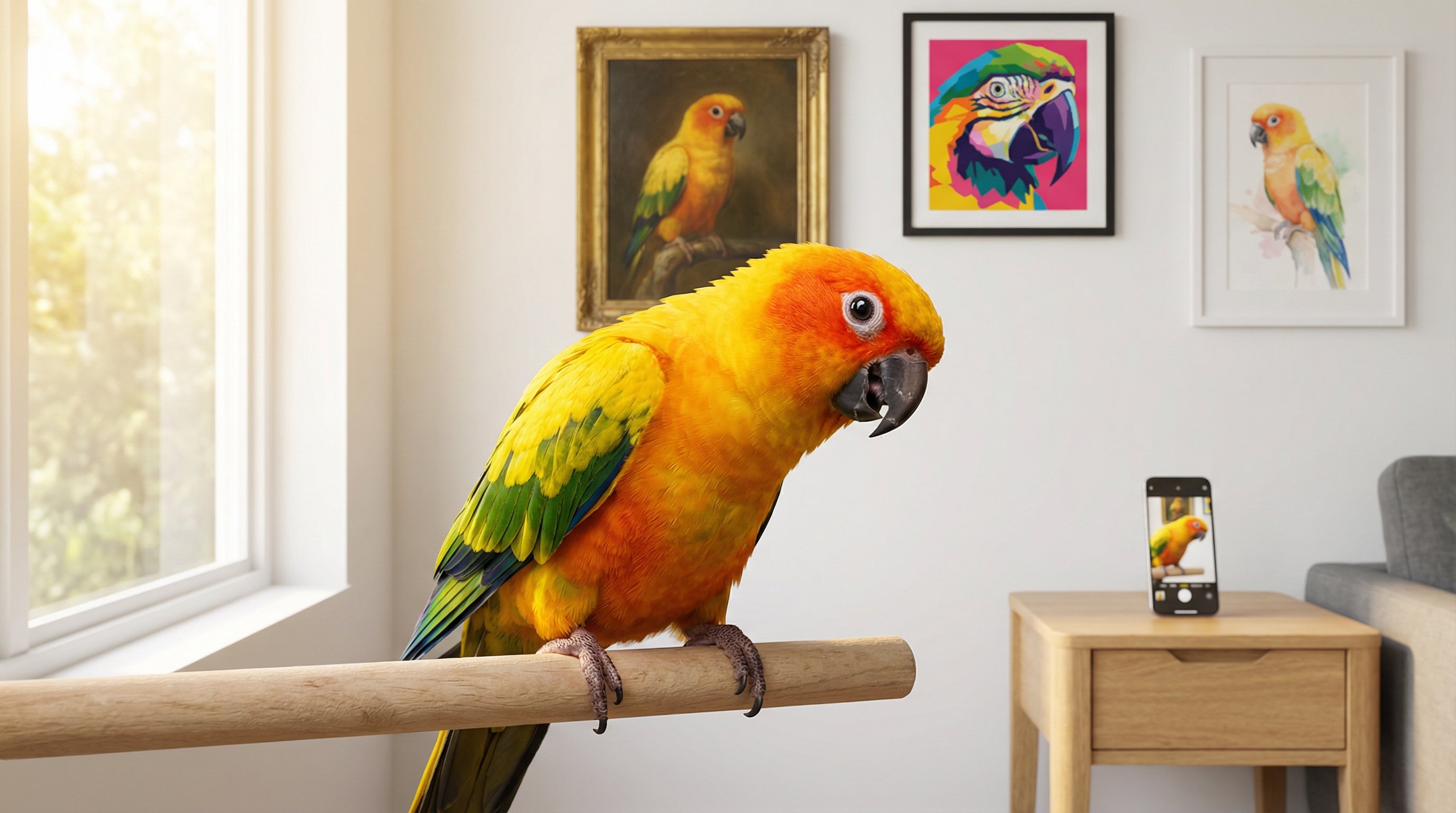 A colorful sun conure perched indoors with framed parrot portraits on the wall behind it.