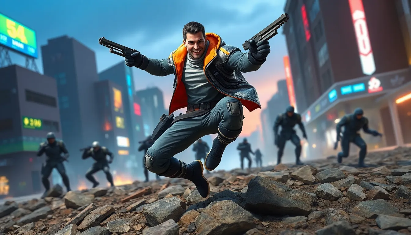 A gamer character, Larry Nando, leaping in action in a futuristic urban battlefield.