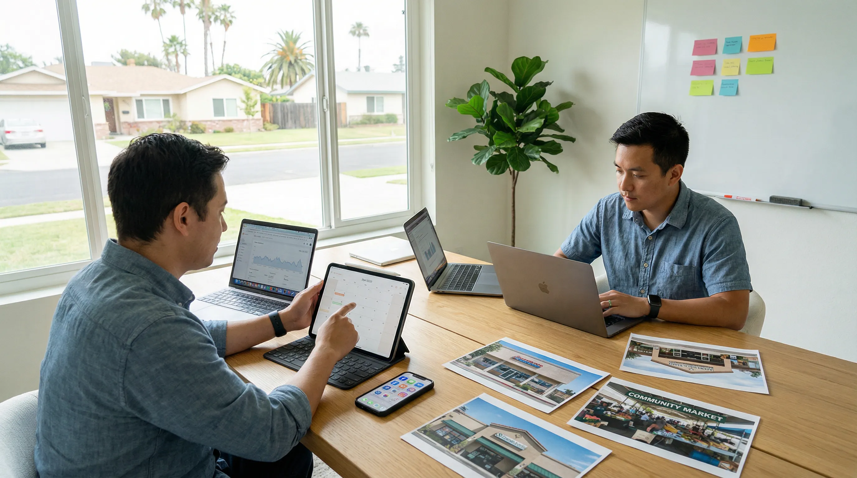 Small social media marketing team in a bright, modern home office collaborating over laptops, a tablet with a content calendar, and printed photos of local small businesses, conveying organized and professional support for League City companies.
