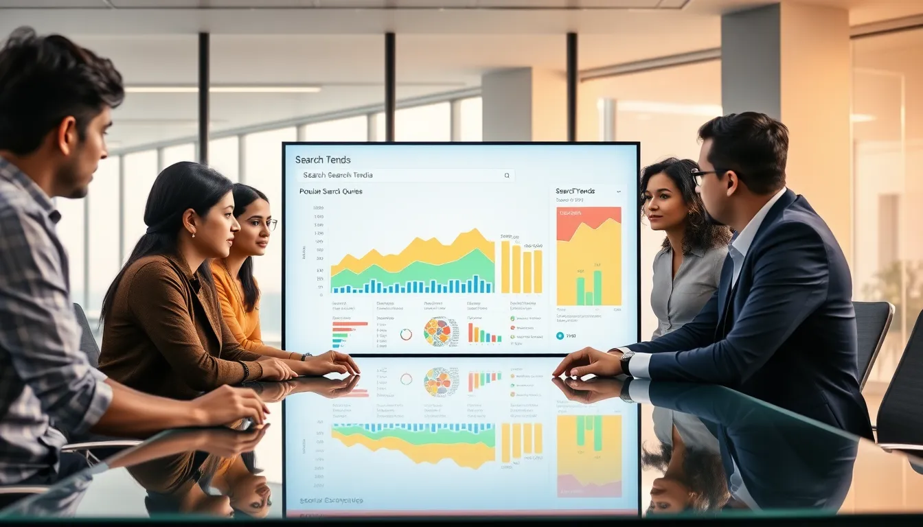 diverse team analyzing Google search trends in a modern office.