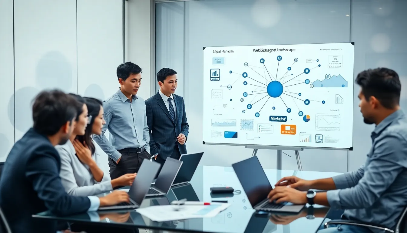 diverse professionals collaborating in a modern office on digital marketing strategies.