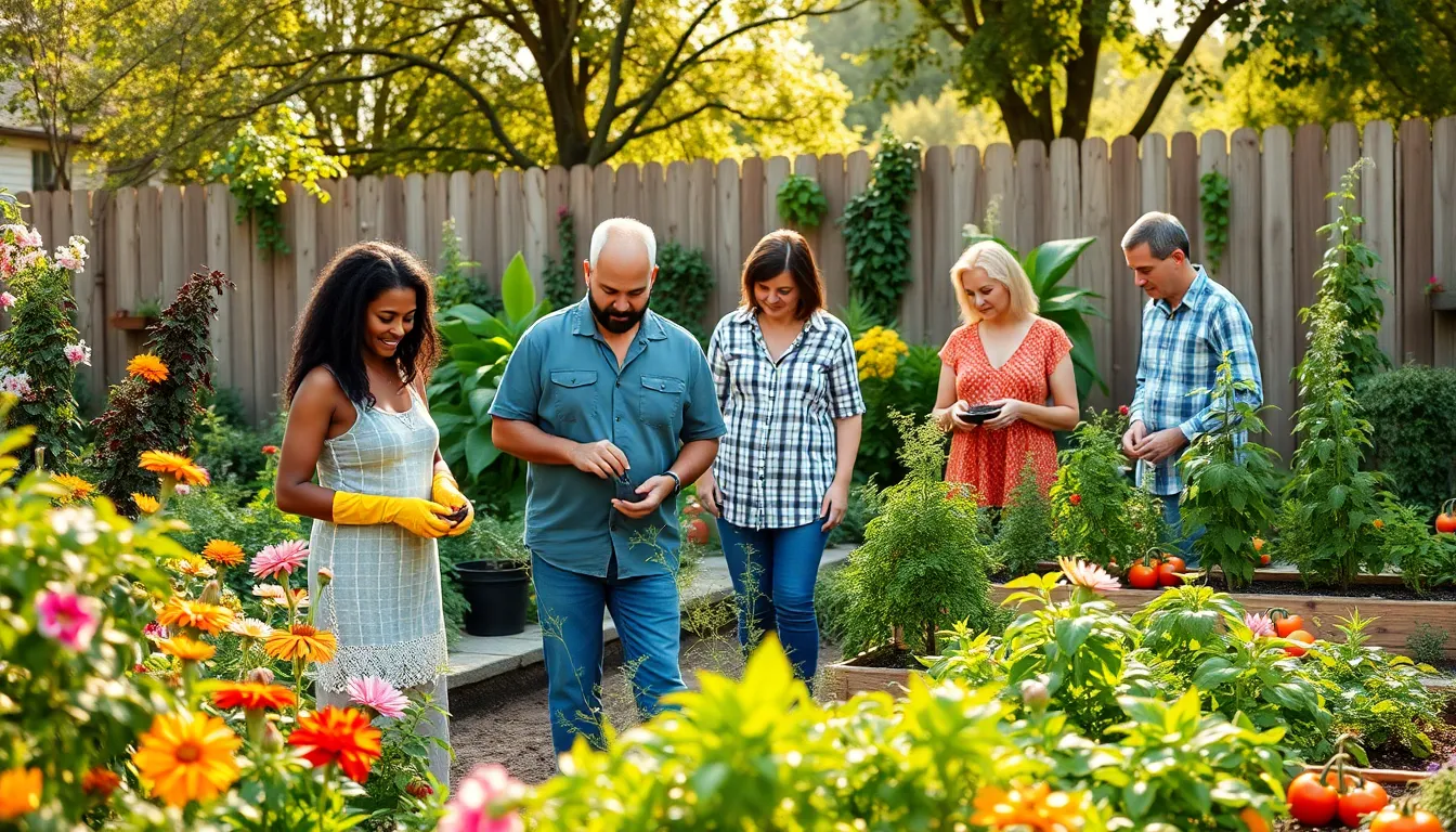 diverse team gardening in a tranquil backyard setting.