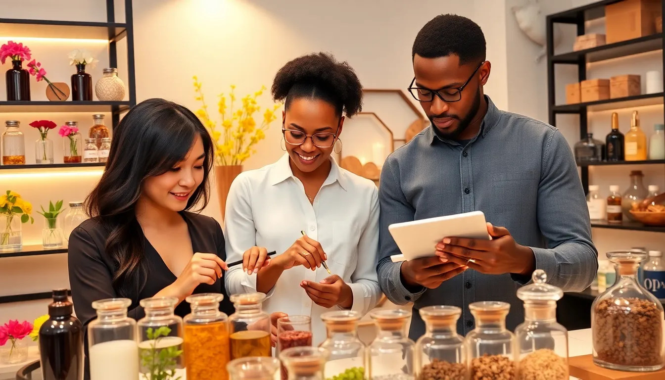 diverse professionals curating unique scents in a modern sensory experience studio.